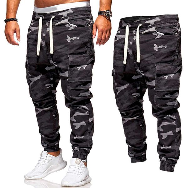 

2021 new large fashion camouflage cotton casual overalls trendy men's elastic drawstring multi pocket leggings, Black