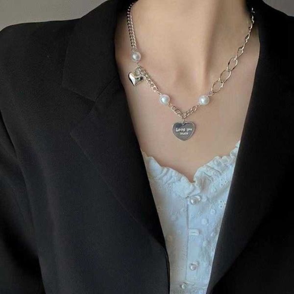 

chains 316l stainless steel sweet pearl letter heart stitching pendant charm chain choker necklace for women fashion fine jewelry gifts, Silver