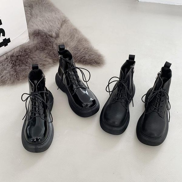 

boots rock shoes woman winter lady round toe flat heel lace up luxury designer boots-women 2021 autumn med fashion lolita ankle, Black