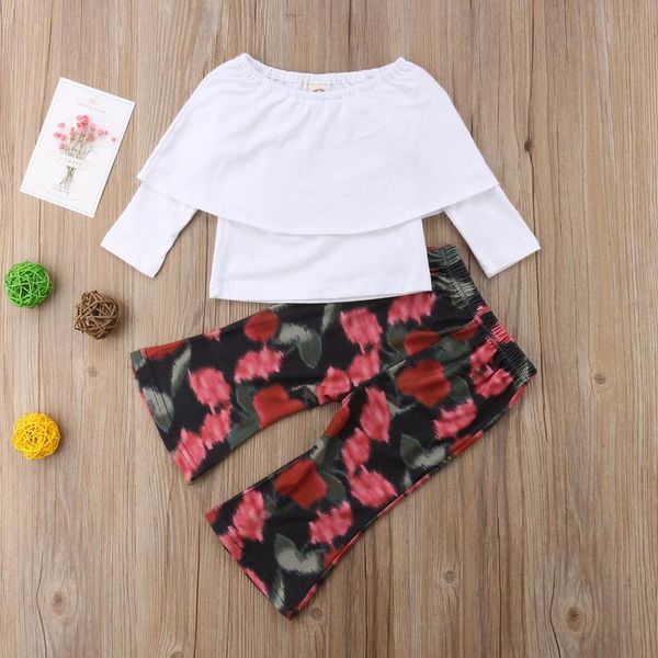 

clothing sets little girls 2pcs pants suit, long sleeve off shoulder flounce layer loose , floral wide leg set, 1-5 years old, White
