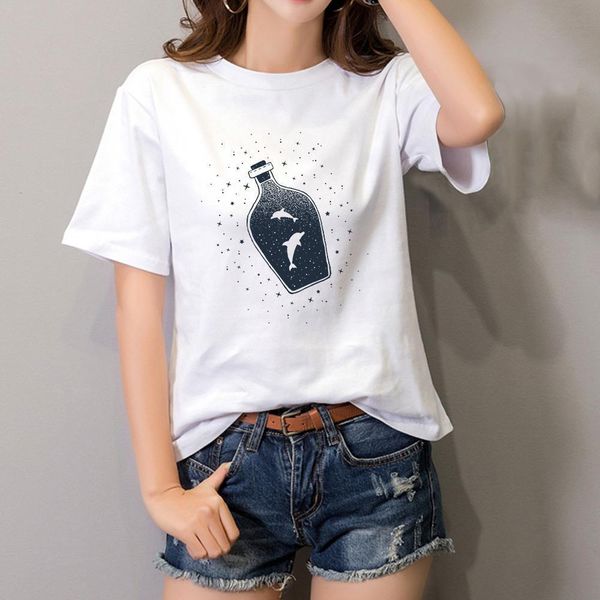 

dolphins in drift bottle print t shirt women short sleeve o neck loose tshirt 2021 summer women tee shirt, White