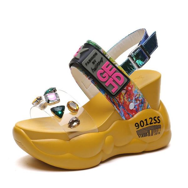 

sandals 11cm platform women 2021 chunky super high heels white summer fashion transparent diamond wedge rhinestone, Black