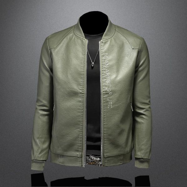 

men's jackets 2021 autumn winter baseball collar letter embroidery green motorcycle leather jacket men py002-p95, Black;brown