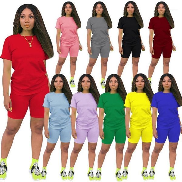 

women solid sporting casual two piece sets short sleeve tee above knee pants suit tracksuit outfit fashion1, Gray