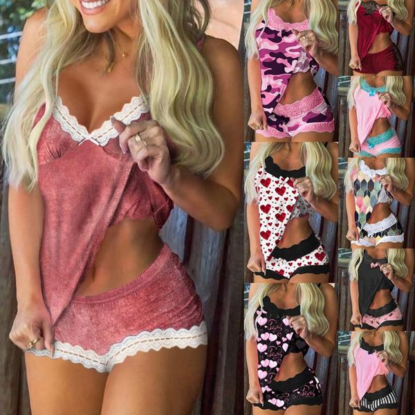 

women's tracksuits o-neck sleeveless suspender + stretch high-waist slim shorts two-piece patchwork design lace decoration, Gray