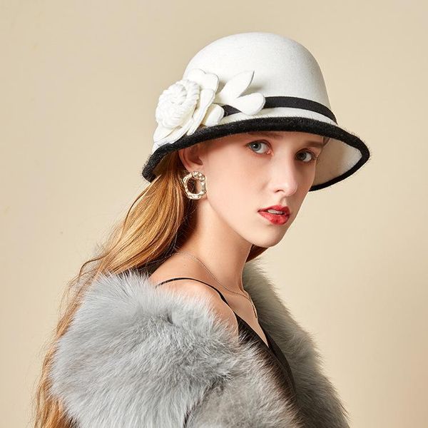 

beanies woolen bucket hat women autumn winter leisure felt edging flower