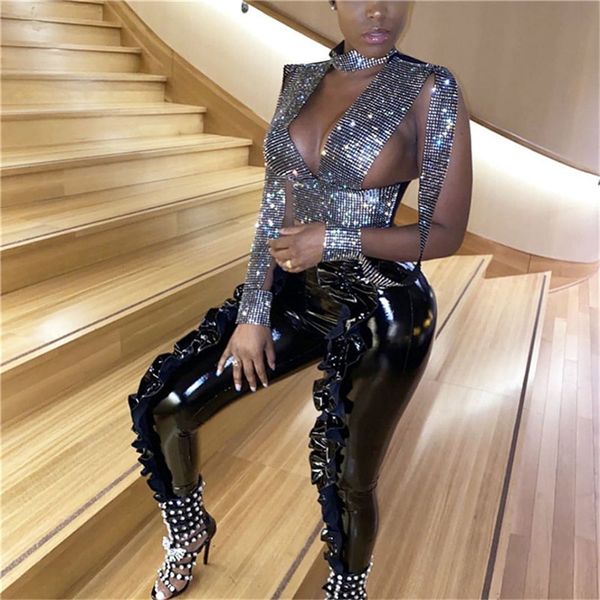 

black glitter diamonds crop sleeveless crystal rhinestone deep v neck crop women slim night party club, White