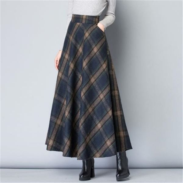 

mom high waist woolen plaid skirts autumn winter women's plus size wool maxi skirts female fashion casual long streetwear 210724, Black