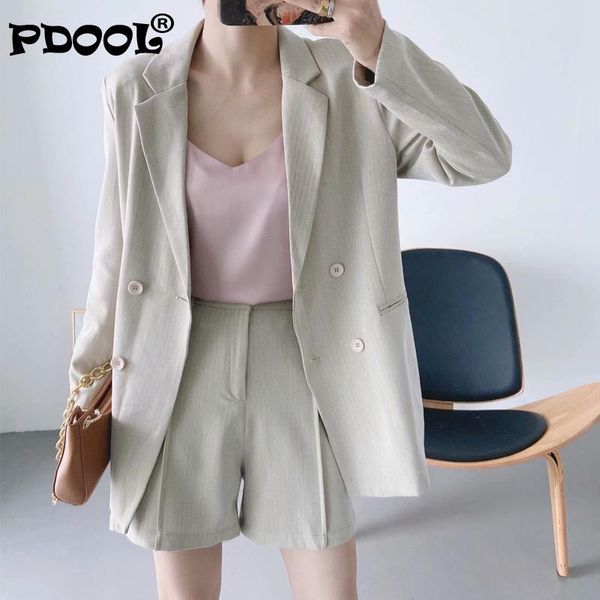 

women's suits & blazers spring and autumn female jacket set two piece casual solid color double breasted pocket decorative blazer regul, White;black