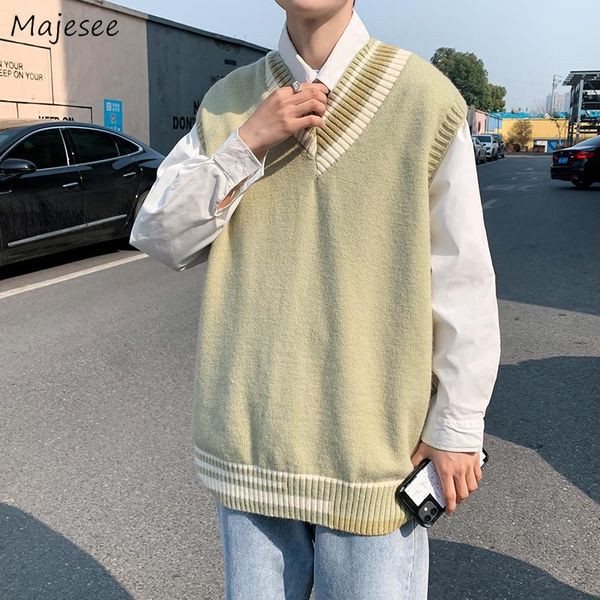 

men's vests men sweater couple preppy oversize cozy all-match knitted v-neck sweaters sleeveless young spring daily simple vest, Black;white