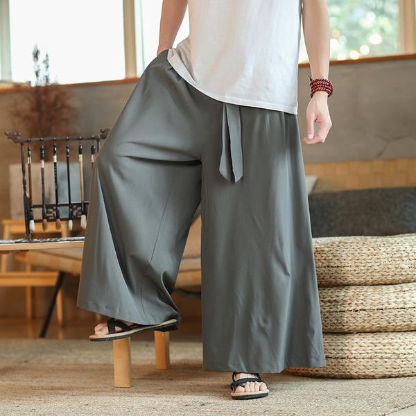 

men's pants 2021 men wide leg mens cotton joggers retro loose trousers man chinese style linen male big crotch nepal robe, Black