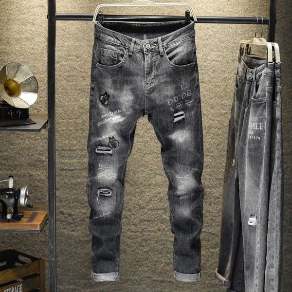 

spring autumn grey printing embroidered trousers men's fashion brand jeans youth slim little feet literature and art handsome manwinter, Blue