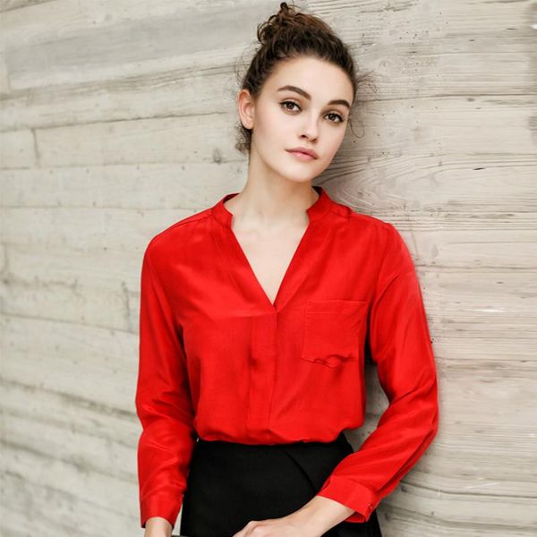 

women's blouses & shirts 2021 pure silk long-sleeve shirt 100% mulberry women basic v neck blouse s//l, White