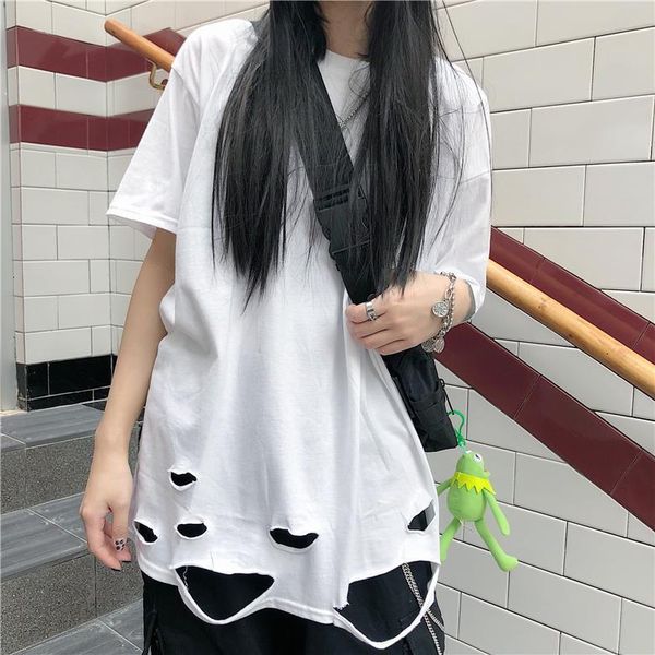 

summer korean harajuku style retro street mourning hole torn loose wild bottoming short-sleeved t-shirt drop shipping, White