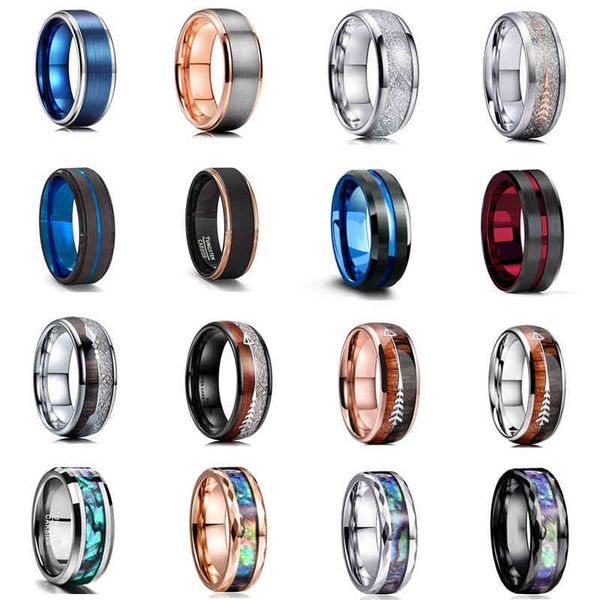 

46 style men 8mm tungsten carbide rings black brushed koa wood & abalone shell inlay meteorite arrow wedding band men's jewelry, Silver