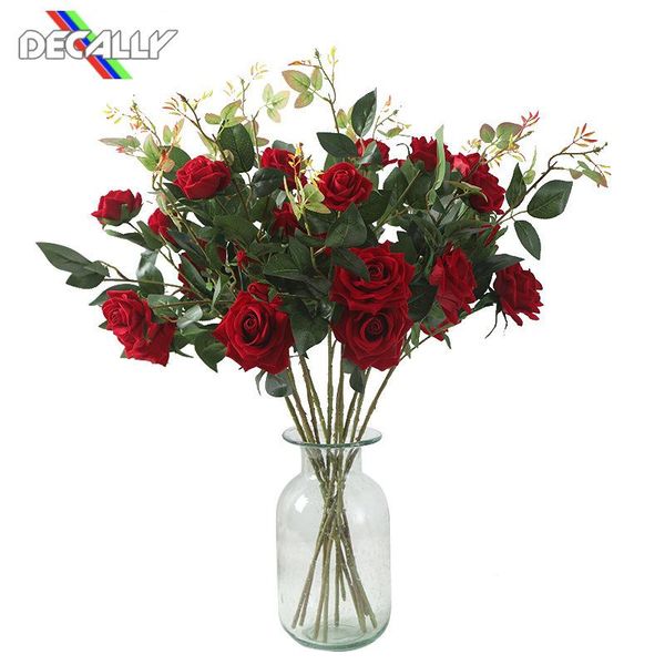 

1 pcs 3heads long stem rose branch with leaves silk artificial flowers home garden decoration rose artificielle flores