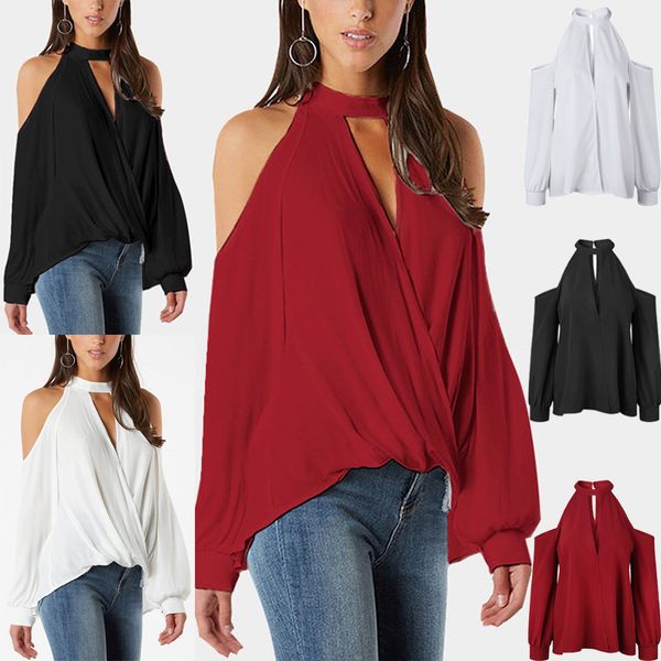 

summer 3-color off shoulder button long sleeve women's t-shirt, White