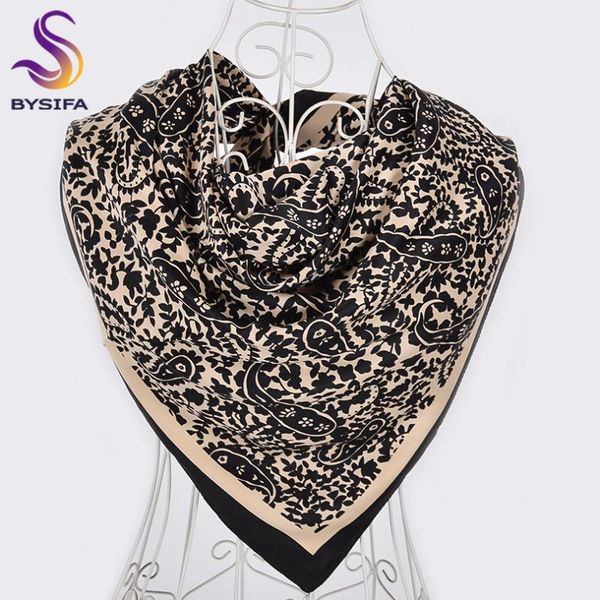 

scarves [bysifa] ladies silk scarf shawl brand black beige paisley design square wraps women neckerchief 100*100cm, Blue;gray