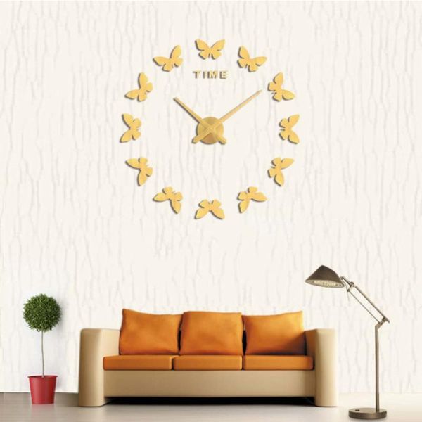 

butterflies patterned acrylic mirror wall clock diy three-dimensional fashion home decoration wall stick clock with battery