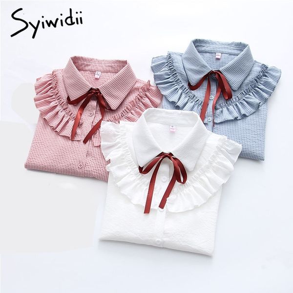 

new ruffles women's shirts striped white blouses with bow flare long sleeve shirt women autumn chiffon shirt blouse female 210308