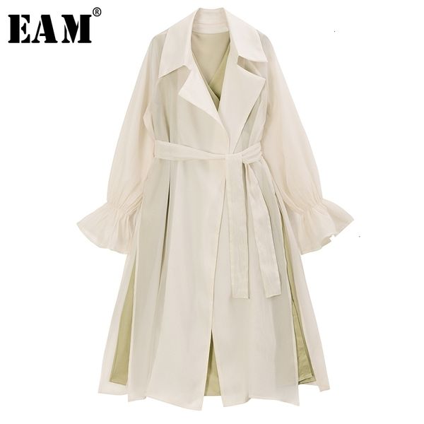 

eam] women two piece bandage long trench new lapel long puff sleeve loose fit windbreaker fashion tide spring 1r734 201102, Tan;black