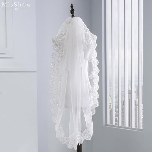 

bridal veils misshow 2021 white beige appliqued wedding veil one layer lace edge with comb accessories, Black