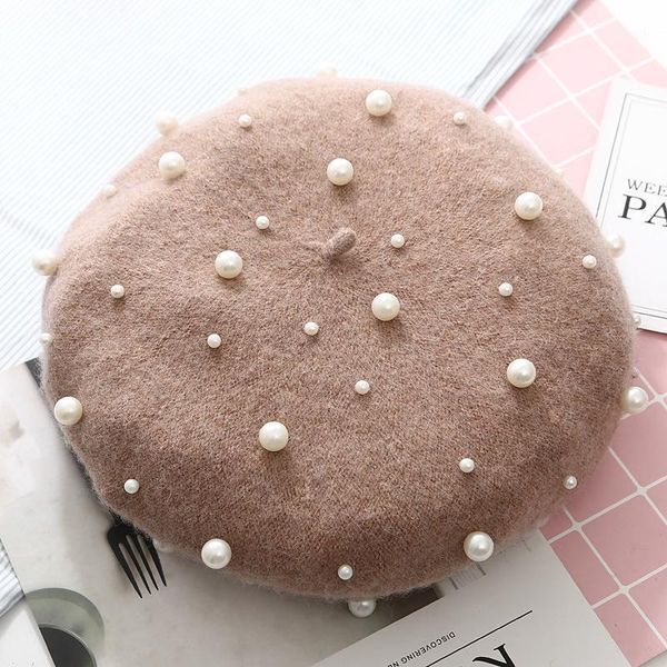 

berets women winter wool beret candy color vintage imitation pearls cashmere beanies hats elegant cute warm fashion flat caps, Blue;gray