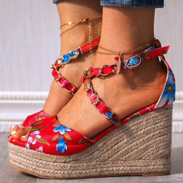 

ins flower print satin flax wedgs sandals platform chian buckle sandals women peep toe shoes woman, Black