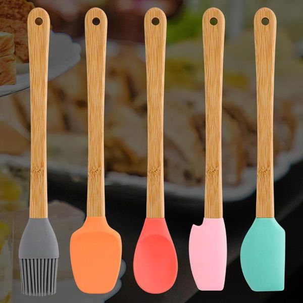 

flatware sets mini silicone spatula five-piece cake brush light color bamboo handle tools kitchen accessories