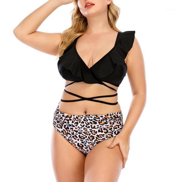 

women's swimwear plus size bikini set push up ruffle split leopard print shorts swimsuit beachwear bathing suit#13, White;black