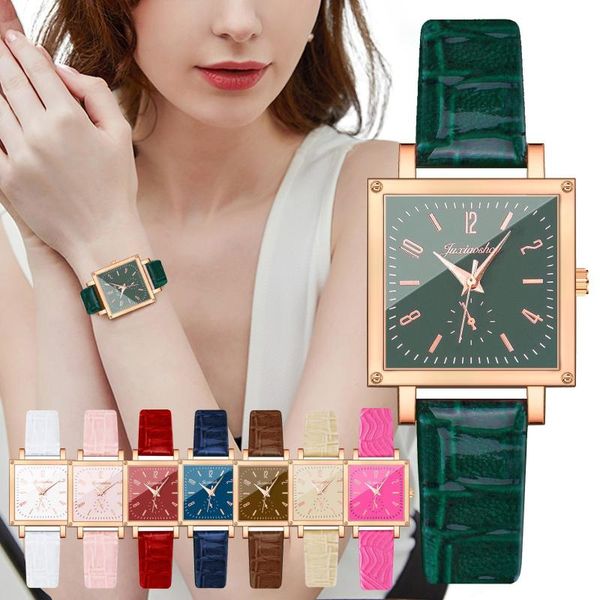 

wristwatches business womens quartz watch fashion green leather strap arabic digital square dial ladies wrist watches zegarek damski bracele, Slivery;brown