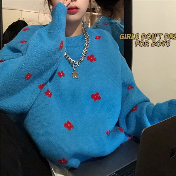 

2021 new spring and autumn retro jacquard floret casual wild pullover round neck knitted sweater women 4201, White;black