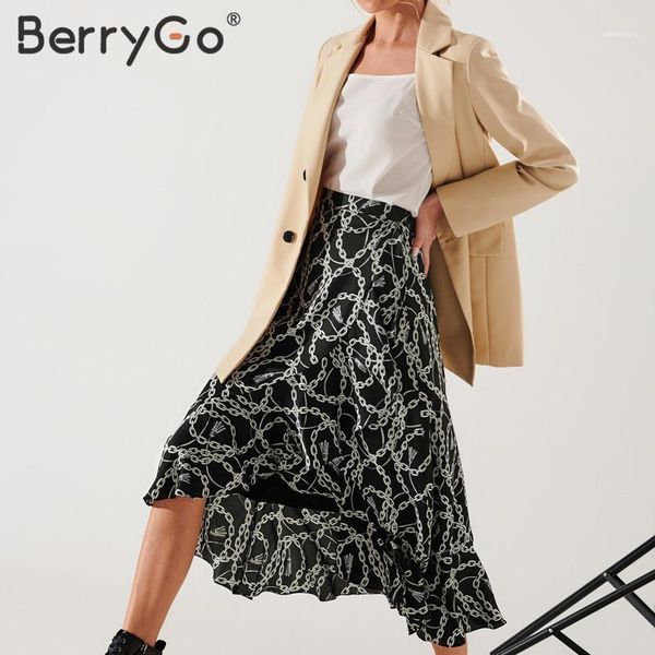 

berrygo elegant chain print midi skirts womens asymmetrical lace up long wrap skirt female 2021 spring summer ladies skirts1, Black