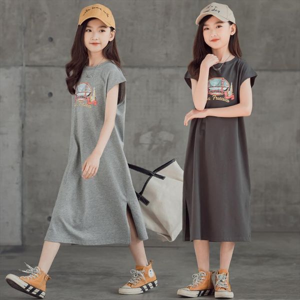 

girls summer gray casual girl dress print split t shirt long for clothes teen kids clothing 12 13 14 years, Red;yellow
