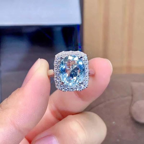 

cluster rings 8.5x9.5mm cuted aquamarine ring for women natural light blue gemstone with cubic zirconia march birthstone s925 silver #864, Golden;silver