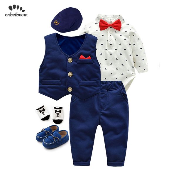 6 piece / lot Neugeborene Baby Jungen Kleidung Baumwolle Infant Langarm Strampler Weste Hose Gentleman Anzüge Jungen Geburtstag Kleidung Set 210226