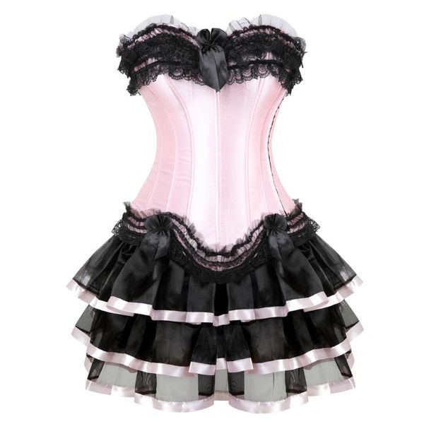 

bustiers & corsets showgirls lace trim pink dress burlesque corset with mini tutu skirt dancing costume victorian corselet plus size, Black;white