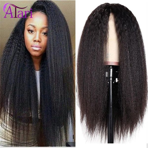 

lace wigs transparent kinky straight front wig brazilian virgin yaki human hair pre plucked 13x4 frontal atari, Black;brown