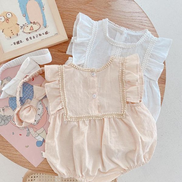 

rompers baby girl bodysuit summer sleeveless princess sweet party romper outfits born infant clothes jumpsuit + bow headband, Blue