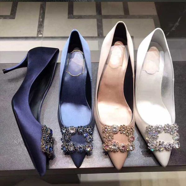 

dress shoes 2021 pointed toe pumps crystal buckle high thin heel elegant ladies party office female, Black