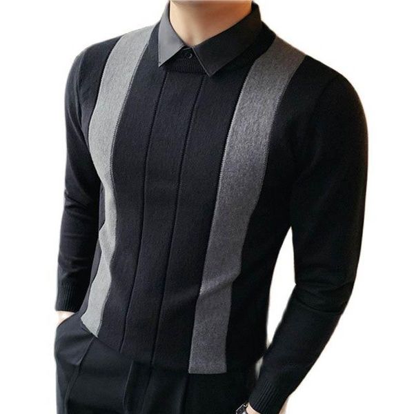 

men's sweaters simple fashion striped spliced sweater men clothing 2021 fake-2pices business knitted pullovers black/gray 4xl, White;black