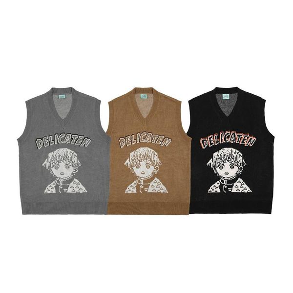 

men's vests sleeveless vest boy cartoon printed v-neck knit jumpers autumn soft solid sweater causal shopping men cotton, Black;white