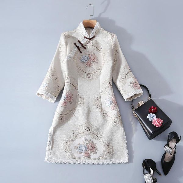 

casual dresses chinese style 2021 spring women's fashion three quarter split lace embroidery qipao dress female elegant quality, Black;gray
