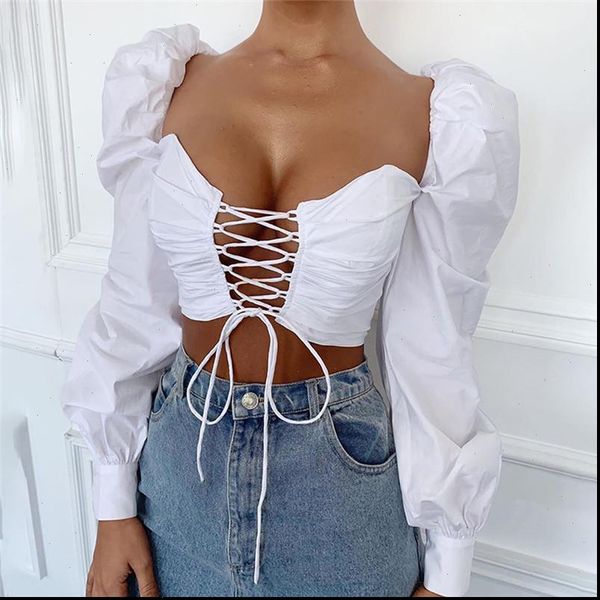 

women ladies puff sleeve strapless crop white shirts solid hollow out lace up blouses women midriff baring nbsp