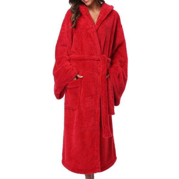 

women's sleepwear 2021 winter women thermal robes luxury flannel extra long bath robe warm ladies casual solid long-sleeved belt pocket, Black;red