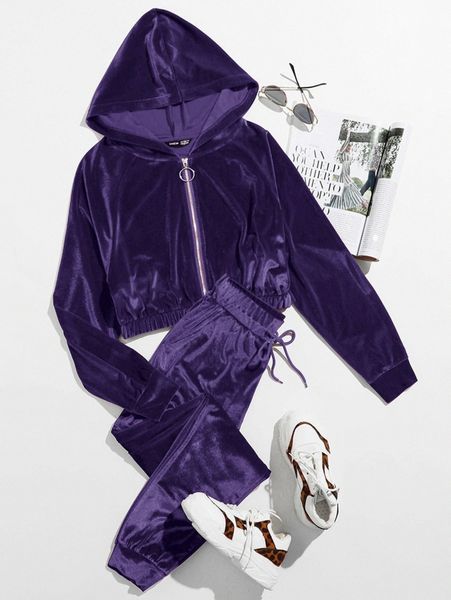 

o-ring zip up velvet hoodie & sweatpants set a5om#, White