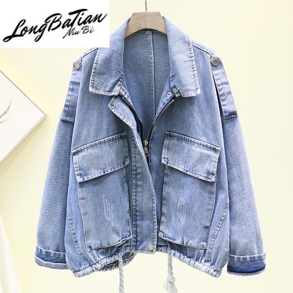 

women's jackets spring autumn vintage blue black denim women korean loose elastic waist jeans jacket coat student basic outerwear femal, Black;brown