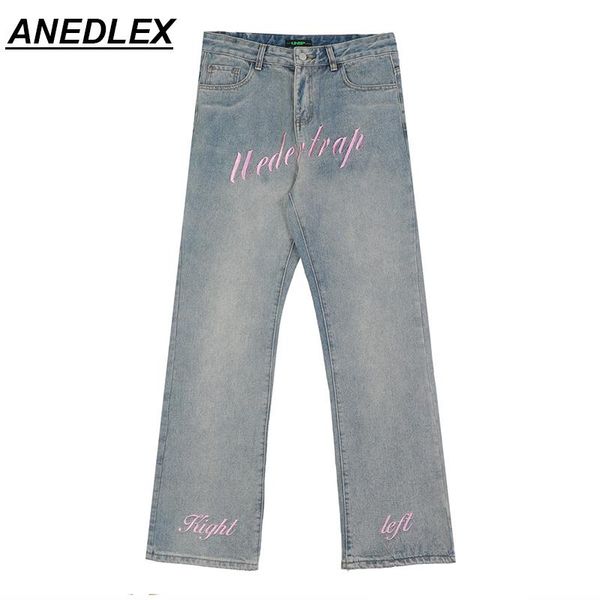 

men's jeans letter embroidered wash water hip hop street men woman straight-leg pants denim 2021 harajuku oversized loose trousers, Blue