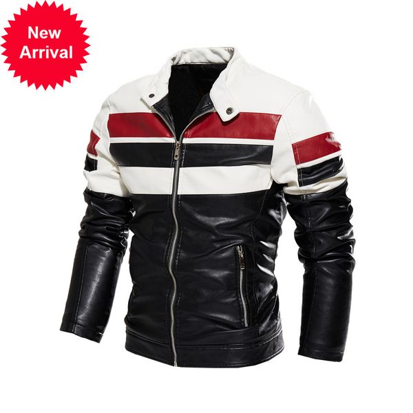 

pu leather jacket men winter fleece motorcycle male stand collar casual windbreaker ropa de hombre slim patchwork coat, Black;brown