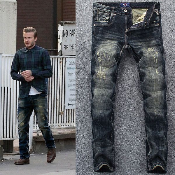 

designer purple jeans european american retro jeans men's stitching beggar's old patch loose straight long pants personality fashi, Blue
